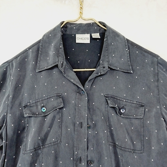 Chico's Black White Polka Dot Button Down Short Sleeve Chest Pockets Shirt P453 - Picture 2 of 6